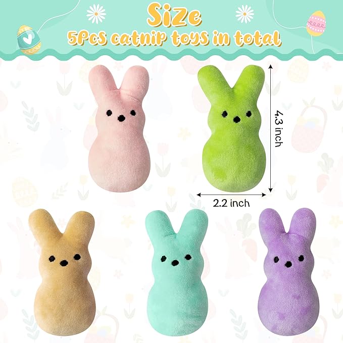 MALLMALL6 5Pcs Easter Bunny Catnip Toys Gift for Cat, Indoor Cat Chew Bite Kick Plush Colorful Rabbit Peeps Catmint Pet Toys for Cat Lover Gifts, Cute Interactive Cat Toy for Pet Presents