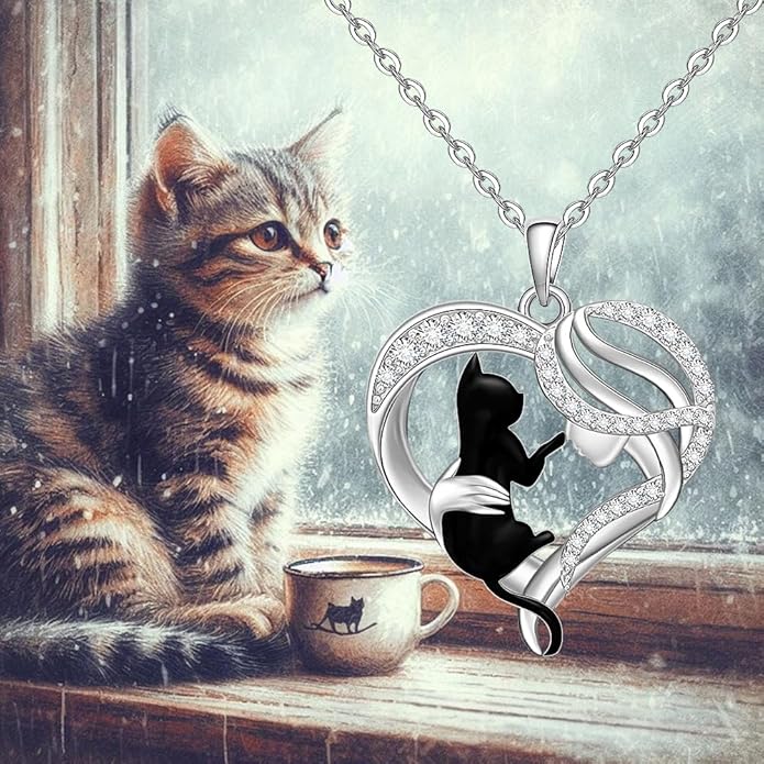 Black Cat Necklace for Women 925 Sterling Silver Cat Necklace Heart Cat Necklaces Pendant Halloween Christmas Gifts