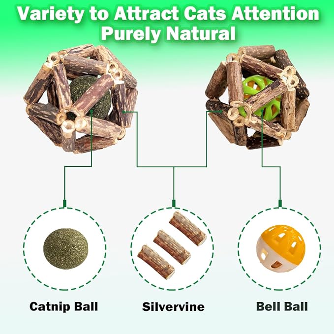 Cat Toys, 4 Packs Catnip Ball Toys, Nature Silvervine Stick Cage Cat Bell Balls, Catnip Toys for Cleaning Teeth, Relaxing Cats, for All Breeds