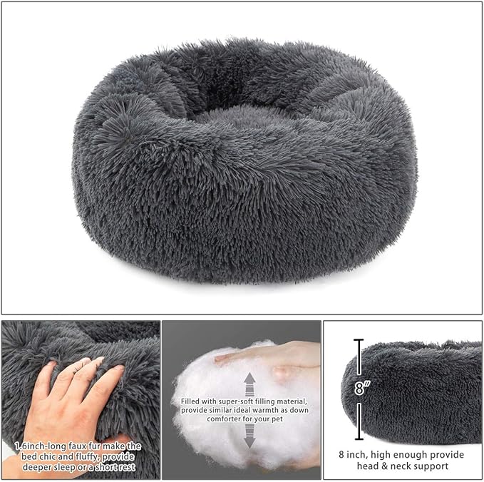 Calming Donut Dog Bed Small, Plush Round Cuddler Dog & Cat Bed, Anit-Anxiety Marshmellow Fluffy Faux Fur Cushion(20", Deep Grey)