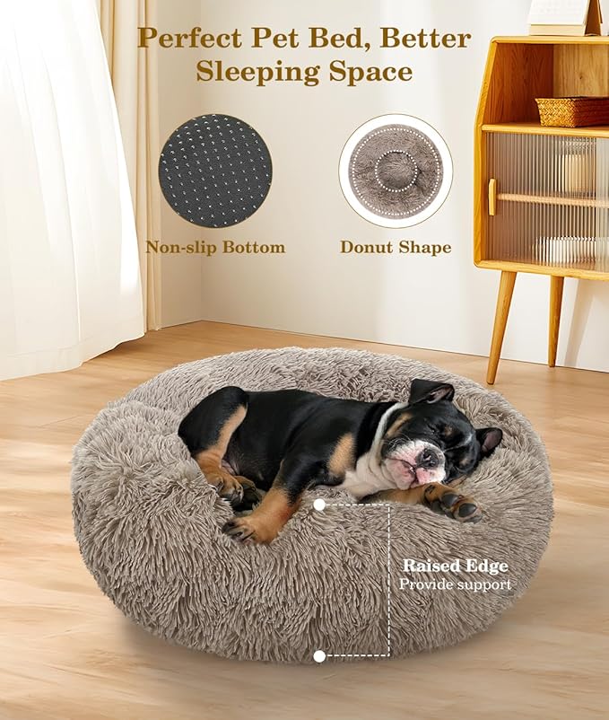 Round Dog Bed for Small Dogs, Donut Cuddler Plush Cat Calming Bed with Machine Washable, Non-Slip Fluffy Dog & Cat Calming Cushion Bed for Joint-Relief and Sleep Improvement, M Size, Khaki