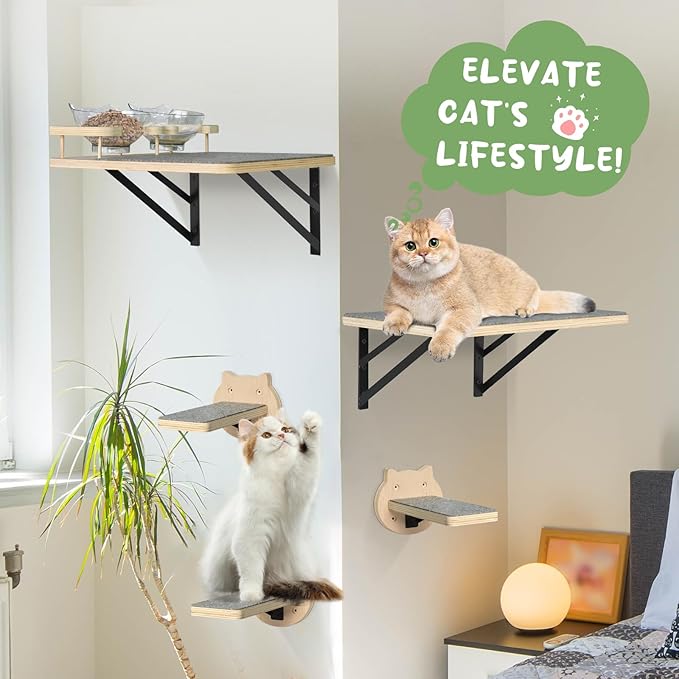 Cat Wall Shelves Set of 2, Cat Shelves and Perches for Wall, Cat Shelves Wall Mount for Large Cat, Cat Wall Furniture with 3 Cat Wall Steps, Cat Climbing Shelf, Cat Wall Shelf with 2 Cat Food Shelf