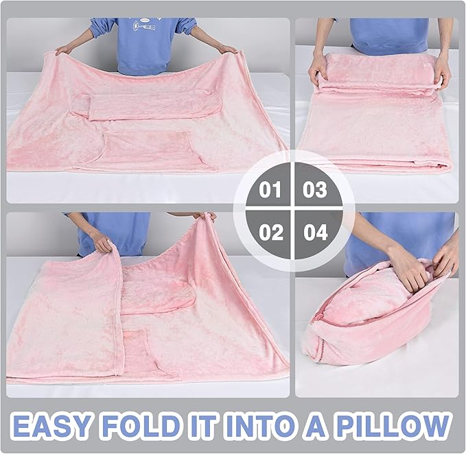 Solaris Travel Wearable Blanket with Sleeves, 2 in 1 Packable Airplane Pillow Blanket for Adult Women Men, Soft Cozy Warm Snuggy Body Blanket for Outdoor Indoor Home Lounge, Pink
