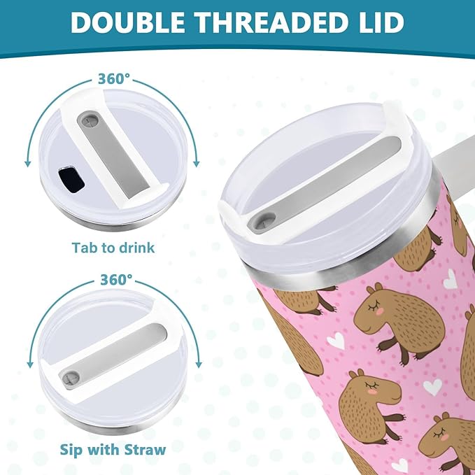 Boccsty Heart Cute Cartoon Capybara Insulated Tumblers Reusable Stainless Steel Tumbler 40 oz Cup Coffee Travel Mug Water Bottle with Handle & Flip Straw for Home Office Car