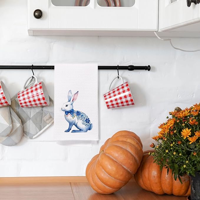 SPBL&L Easter Chinoiserie Hand Towel, Blue Floral Bunny Hand Towels for Bathroom, Easter Kitchen Bathroom Decor,Bunny Decor, 16x24 Inches