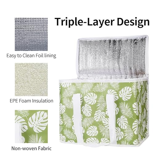 Bodaon 2-Pack Insulated Reusable Grocery Shopping Bags, X-Large Picnic Cooler Bag with Zipper Zippered Top Cold, Green-Leaf