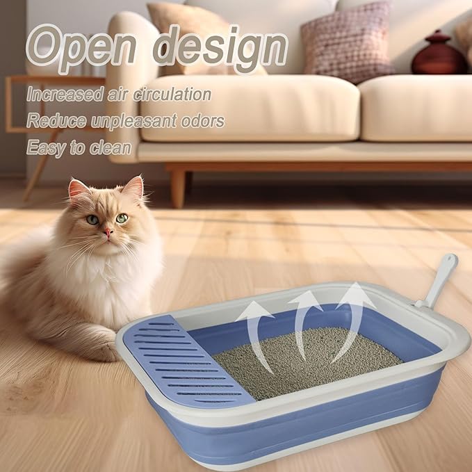 2 pcs Collapsible Kitten Litter Box,Low Entry Shallow Open Cat Potty Pan with Scoop Foldable Shallow Cat Toilet Travel Litter Box with Falling Sand Pedal for Kitty to Senior Cats 2PCS (Blue, Large)
