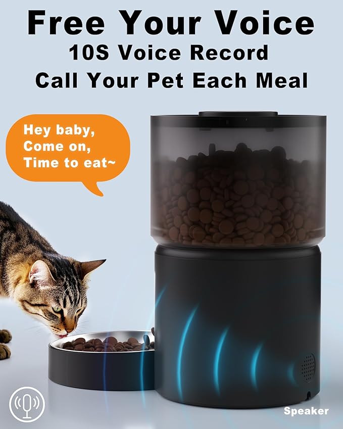Automatic Cat Feeder Flexible Schedule Timer,6 Meals/Day,1-12 Portions/Meal,Dual Power Auto Feeder Dry Food Dispenser,10S Voice Record,for Cats & Small Dogs (Black,3.6L Stainless Steel Bowl)