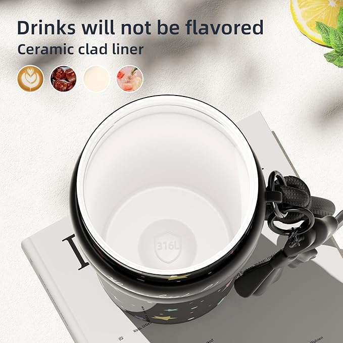 24 oz Cute Portable Travel Tumbler Stainless Steel with Lid and Straw, Sidagar Leak Proof Coffee Mug for Hot and Cold, Reusable Thermal Coffee Cup for Women, Leak Proof Water Bottle, Black Star