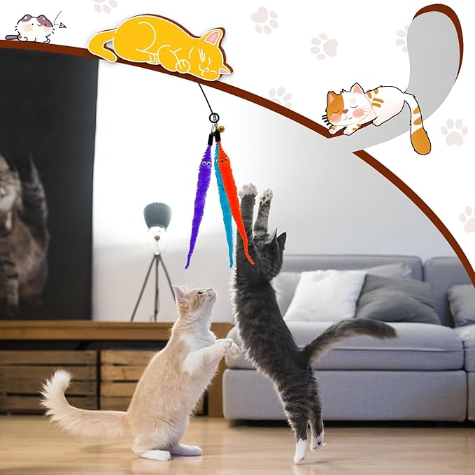 ROSAUI 14pcs Cat Feather Toys Refills Cat Wand Toy Replacement Colorful Worns Attachments, Cat Mouse Toys Refills, Cat Fishing Pole Toys for Indoor Kittens