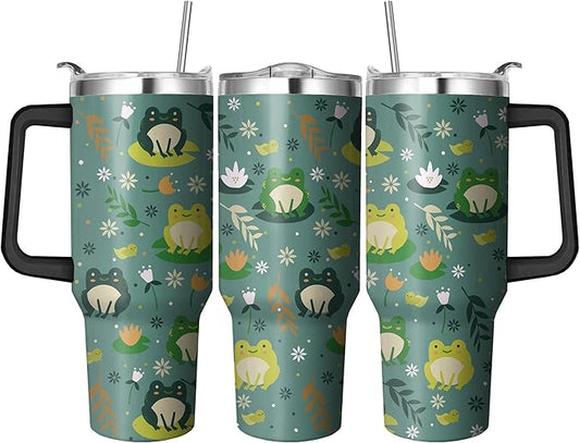 40 Oz Double Wall Frog Tumbler with Handle, Straw and Insulated Leak Proof Mug | Frog Gift for Women & Lovers
