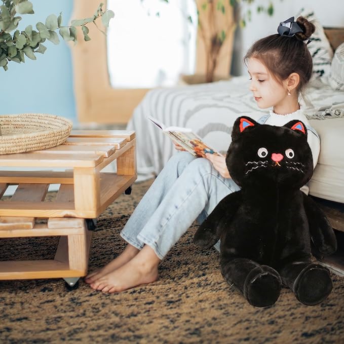 Cuddly Cat Plush Toy - Soft Huggable Stuffed Animal Pillow for Boys, Girls, Kids, and Girlfriends - Ideal Valentine’s Day Gift (Black, 15 inch)