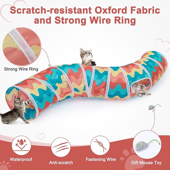 Glittme Cat Tunnel, Cat Tunnels for Indoor Cats, S-Shape Peekaboo Cat Cave with Cat Toys, Foldable Cat Tubes and Tunnels for Cats, Rabbit, Puppy, Guinea Pig