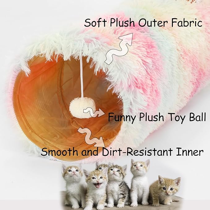 LUCKITTY Fluffy Plush Cat Tunnel Toy Collapsible, for Indoor Cat Kitty Kitten Puppy Rabbit Ferret Rainbow Color 3 Way