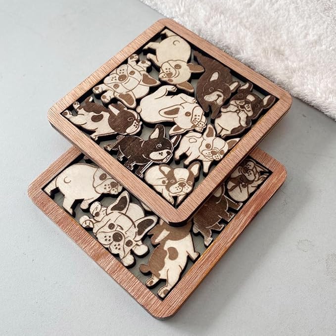 02 French Bulldog Dog Puzzle Wooden Coaster Set - Interlocking Jigsaw Drink Mats with Laser-Cut Design for Pet Lovers (02 French Bulldog Coasters)