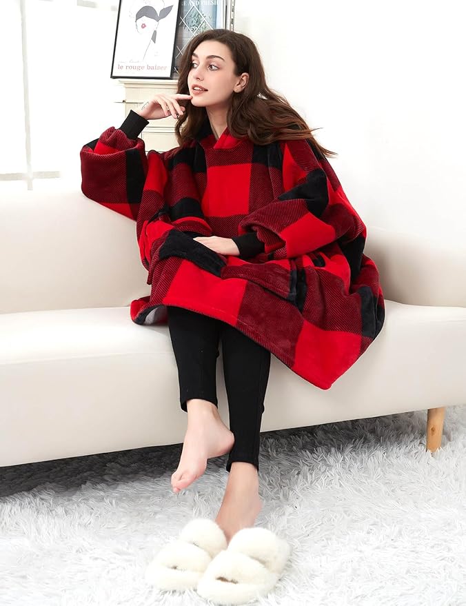 KFUBUO Wearable Blanket Hoodie for Adults Sherpa All Patterns Oversized Sweatshirt Blanket with Pockets for Women Red Plaid