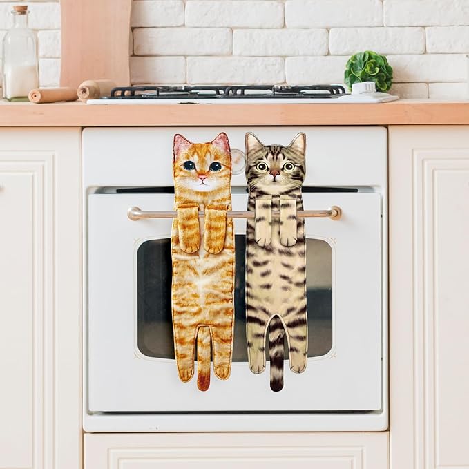 Cat Hand Towels for Kitchen Bathroom - Cute Cat Decor Gadgets - Hanging Soft Absorbent Hand Face Towel - Funny Birthday Mothers Day Housewarming Holiday Unique Gifts for Women Mom Lady Cat Lovers