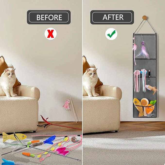Hanging Cat Wand Holder Kitten Stick Toy Storage Bag Cat Accessories Organizer for Indoor Cats (Fabric Pockets)
