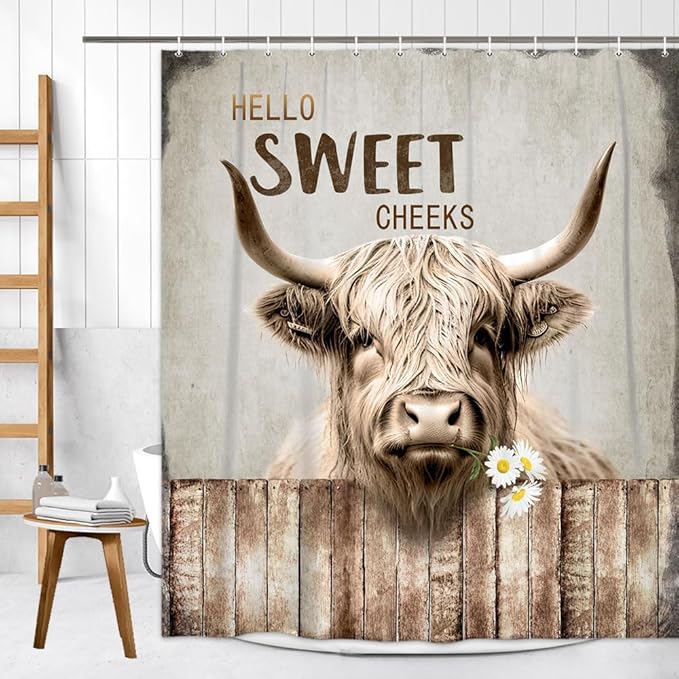 Highland Cattle Cow Bull Shower Curtains,Farmhouse Animal Rustic Country Shower Curtain for Bathroom,Western West Fabric Shower Curtain Set with Hooks Bath Decoration 72X72inches