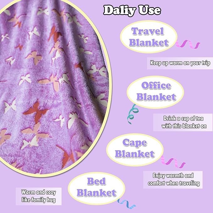 Best Gift Butterfly Glow in The Dark Throw Blanket with Storage Bag, Best Gift Soft Throw Blanket for Girls Boys, Camping Blanket, Gifts for Children Ages 1-10, Kids Blanket, Purple
