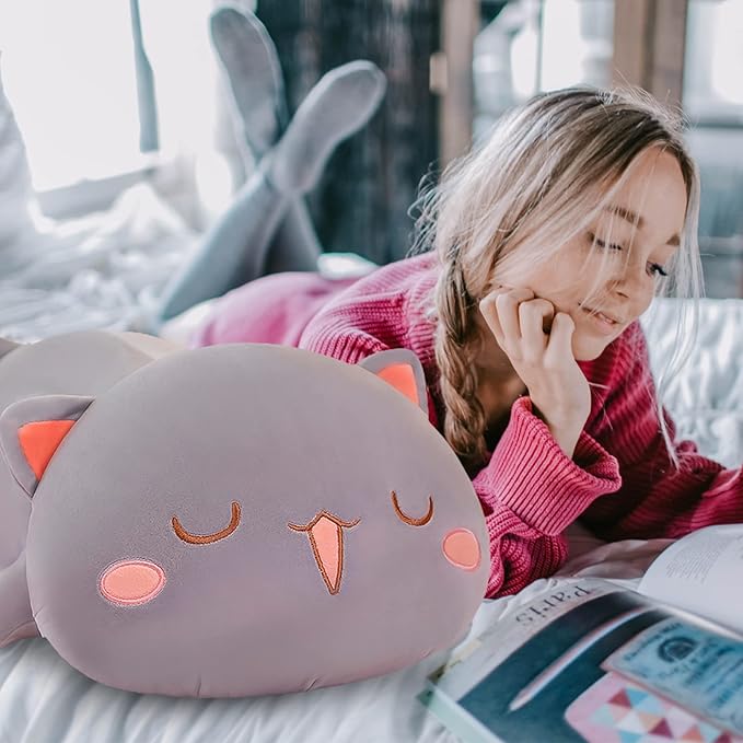 FUYU Cat Stuffed Animals, Soft Cat Plush Pillow Kawaii Kitten Stuffed Animal Toy Gifts for Kids Boys Girls Room Decor (Gray Squinted,15in/37cm)