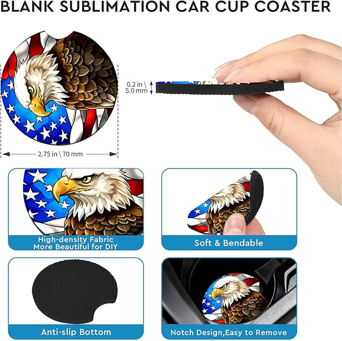 Car Coasters for Cup Holders,2 Pack US Flag and Bald Eagle Car Coasters,2.75" Universal Size Anti Slip Rubber Mat,Automotive Cup Holder Decor Accessories,US Flag Gifts for Women,Men,Mom