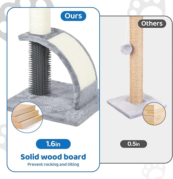 Tall Cat Scratching Post with Groomer, 19.6" Scratching Post with Wood Frame, Stable Sisal Cat Post with Extra Interactive Dangling Plush Toy,Protect Furniture