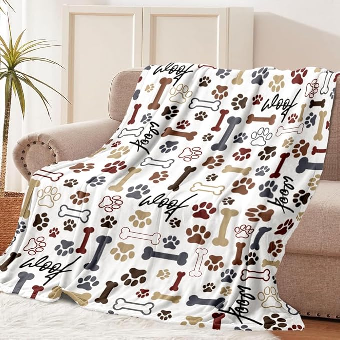 Tupmnbry Dog Throw Blanket Dog Paw Bones Print Blanket Super Soft Flannel Fleece Blanket Lightweight Fluffy Plush Bed Blankets for Bedding Sofa and Travel 50"X60"