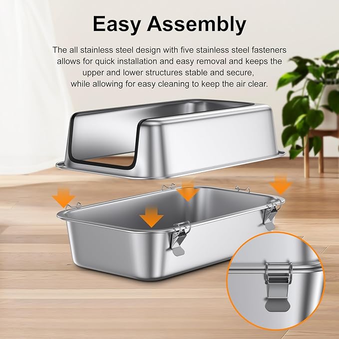 12" Deep Stainless Steel Cat Litter Box with Lid,XL Enclosed Cat Litter Box,Metal Litter Box Easy to Clean,Non-Stick Kitty Litter Box,Non-Stick Bottom & Includes Litter Mat & Metal Scoop