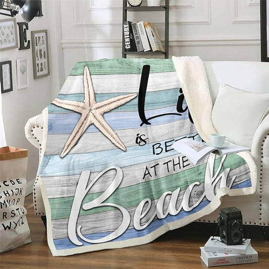 Cute Starfish Throw Blanket for Camping Travel, Sea & Ocean Themed Twin Size Coastal Sherpa Fleece Blanket, Vintage Rustic Farmhouse Decor Colorful Stripe Bedroom Decor