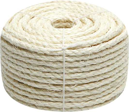 White Sisal Rope 1/4 Inch by 164-Feet for Cat Scratching Post Tree Tower Replacement Repair and Replace, DIY Hemp Twine for Kittens Shelves Furniture Window Bed Climbing Scratch Carpet, 6mm by 50m