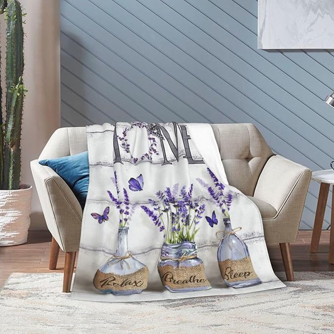Farmhouse Floral Blanket for Women Girls Ultra Soft Cozy Lavender Flower Throw Blanket Fleece Fuzzy Plush Bedding Blanket Purple Flower Gifts for Women Girls Kids Adults Couch Sofa 80"x60"
