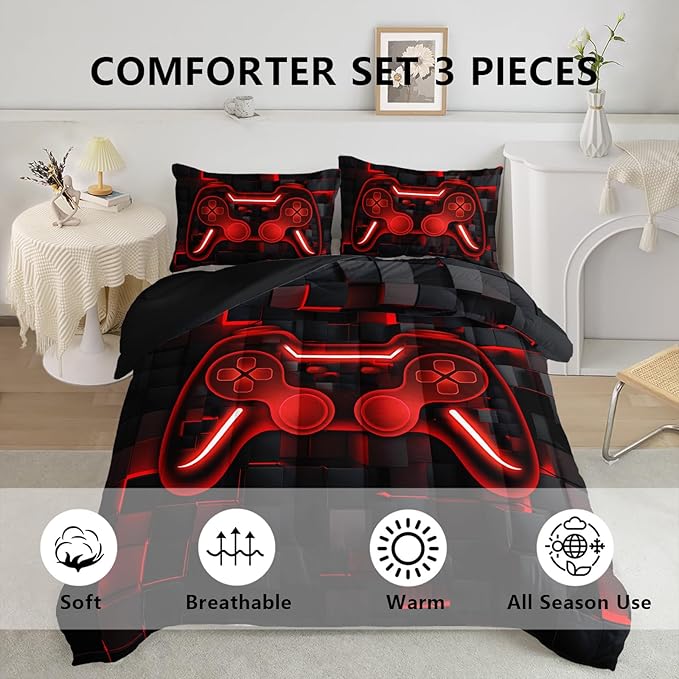 Axolotl Gamepad Comforter Set Full Size,Red Grid Print Bedding Set,Boys Gaming Console Comforter Set,Video Gaming Controller Bedding Set for Teens Men Adults,1 Quilt 2 Pillowcases,Red Black