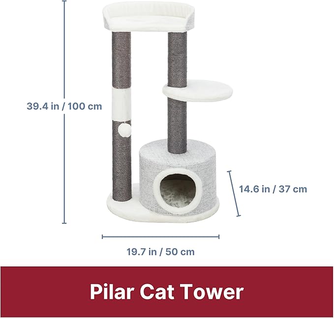 TRIXIE Pilar Cat Scratching Post 39.4 Inch - with Durable Sisal Rope (Gray) and Condo, Two Platforms, Top Platform with Backrest & Dangling Cat Toy - in Gray