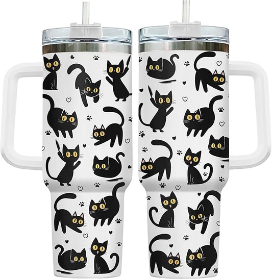 34HD Black Cat Coffee Tumbler with Handle and Straw, 40oz Stainless Steel Insulated Kitty Mug with Lid, Cute Pet Gifts for Women Men on Birthday Mothers Day Halloween Christmas