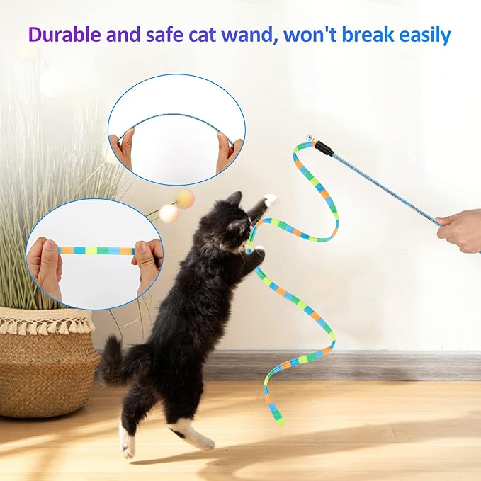TUSATIY Cat Toys 3Pack, Cat Wand Toy Cat Fuzzy Balls with Bells &Cat Springs, Rainbow Color Interactive Cat Toys for Indoor Cats Kittens (Rainbow-Green)