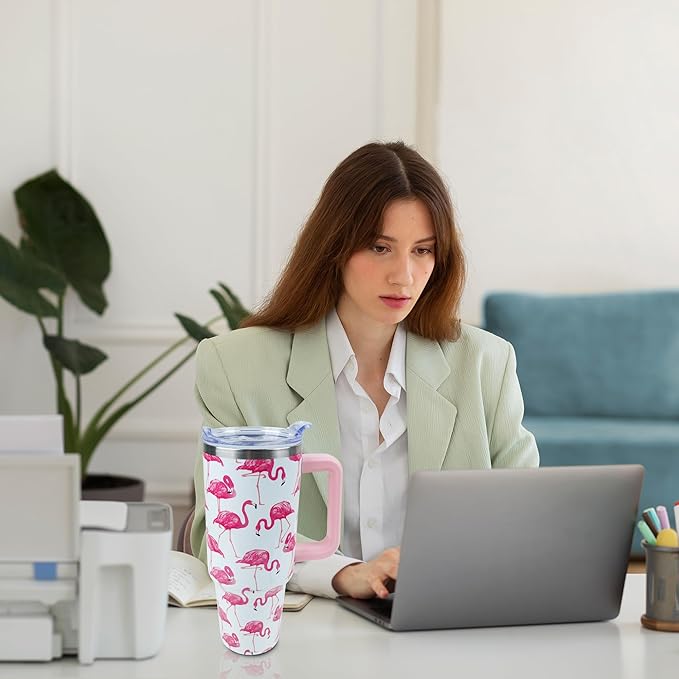 40 oz Tumbler with Handle and Straw, Stainless Steel Insulated Cup with Leak Proof Lid and Straw Lid, Keep Drinks Cold and Hot for Hours(Flamingo)