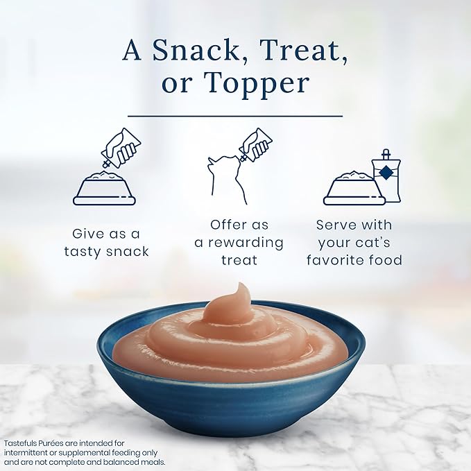 Blue Buffalo Tastefuls Purées with Tuna, Natural Cat Food Complement, Resealable Twist Cap Pouches, 3-oz (12 Count)