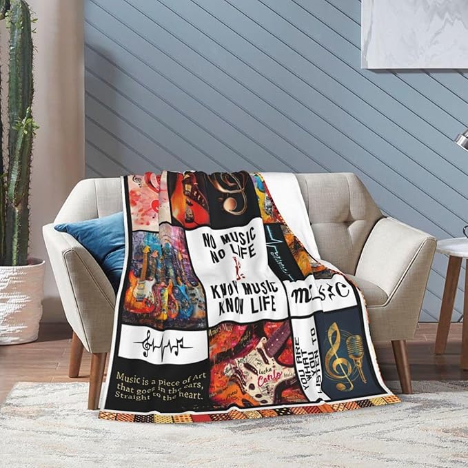Retro Guitar Blanket for Woman Musical Instrument Guitar Throw Blanket Music Notes Decor Stuff Merch Cozy Fuzzy Warm Soft Plush Flannel Lightweight Bedding Guitar Gifts for Girls Kids Couchs 50"X40"