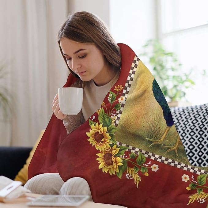 Farmhouse Rooster Blanket Chicken Sunflower Farm Country Red Print Throw Blankets for Couch Sofa Bed Lightweight Soft Cozy Fleece Plush Warm Flannel Bedding Blanket Gifts for Kids Adults 50"x60"