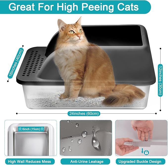 2 Pack Stainless Steel Litter Box with Lid, 24'' x 16'' x 12'' Extra Large Litter Boxes for Big Cats, XL Metal Cat Litter Box with High Sided, Enclosed Cat Litter Boxes with Litter Scoop