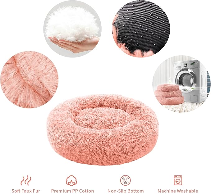 Small Cat Bed for Indoor Cats, Self-Warming Donut Kitty Bed for Small Cats Keeping Warm, Washable Pet Bed with Anti Slip Base, Pink 23‘’