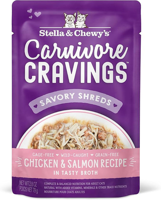 Stella & Chewy’s Carnivore Cravings Savory Shreds Wet Cat Food Pouches – Grain Free, Protein Rich Meal, Topper or Treat – Chicken & Salmon Recipe (2.8 Ounce Pouches, Case of 12)