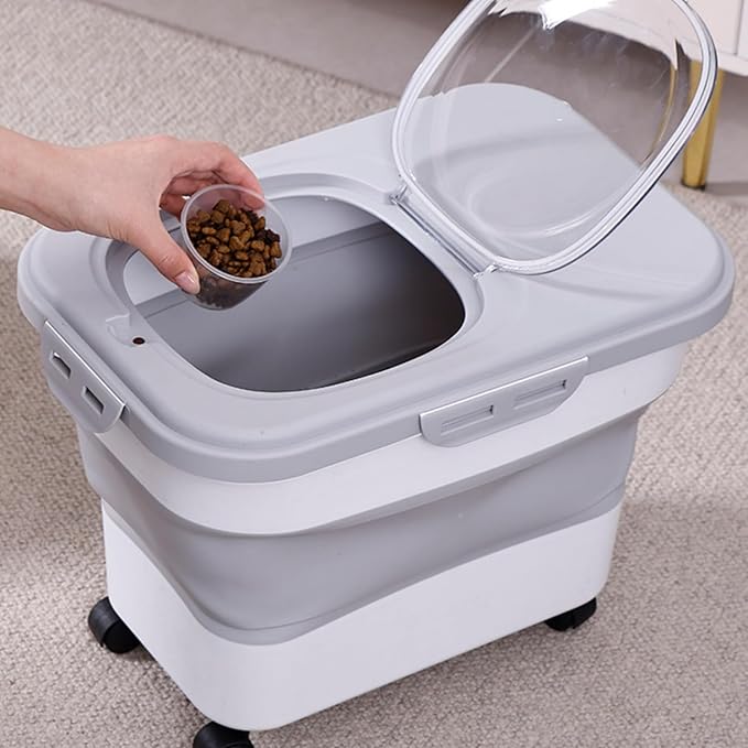Dog Food Storage Container, Collapsible Airtight Pet Cat Food Bin with Dog Bowl, Wheels, Scoop and Measuring Cup, 20 Lb Kitchen Rice Cereal Flour Bin, Keep Fresh for Dog, Cat, Bird
