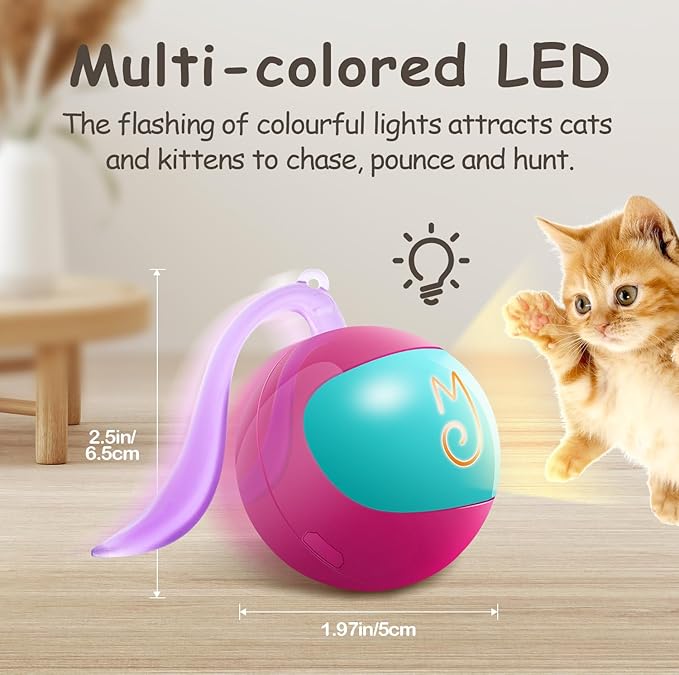 Migipaws Interactive Cat Ball Toy Set, Fun Tracker, Automatic Rolling Chase Ball with Fluffy Tail, A Small Mice, Rechargeable（Rose）