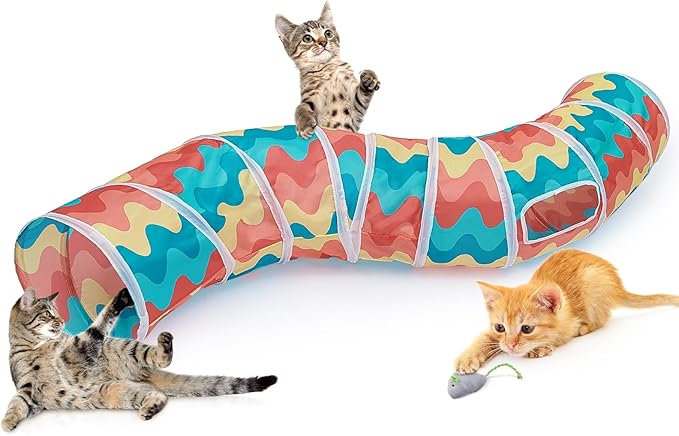 Glittme Cat Tunnel, Cat Tunnels for Indoor Cats, S-Shape Peekaboo Cat Cave with Cat Toys, Foldable Cat Tubes and Tunnels for Cats, Rabbit, Puppy, Guinea Pig