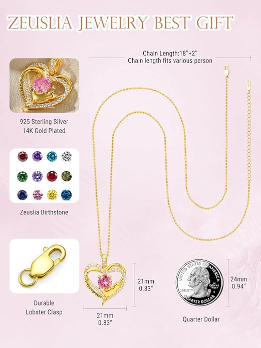 Birthstone Cat Necklaces,925 Sterling Silver Cat Necklace Heart Pendant for Women,Dainty Animal Jewelry for Her,Wedding Anniversary Birthday Gifts for Women Mom Grandma