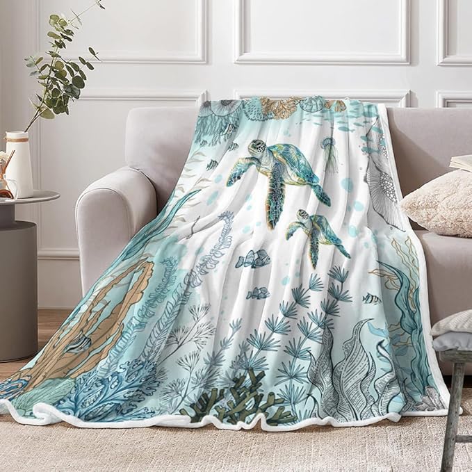 Turtle Blanket Funny Seashell Coral Beach Themed Throw Blankets, Farmhouse Sea Ocean Lightweight Soft Fleece Cozy Fleece Throw Blanket All Season Cozy Soft Lightweight Couch Sofa Bed Bedding
