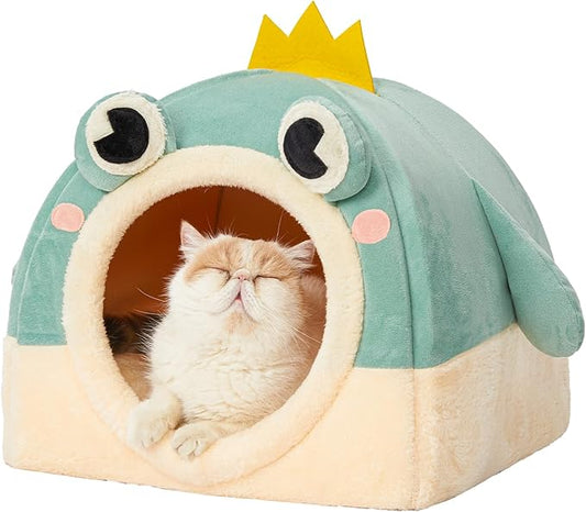 Jiupety Cat Beds for Indoor Cats, Cute Cat House for Cats and Puppy, Cute Cat Cave Bed with Removable Cushion, Large Cat Bed Cat Hideaway, 2-in-1 Cat Tent, M(17" × 17" × 17"), Green.