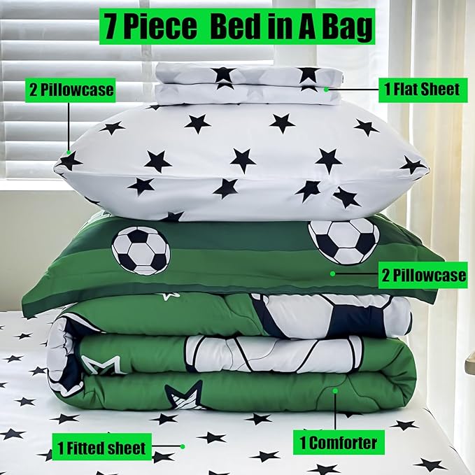 7 Piece Boys Soccer Comforter Set Twin Size Bed in A Bag 3D Football Playground Sports Bedding Set for Kids Microfiber Comforter All Season Green